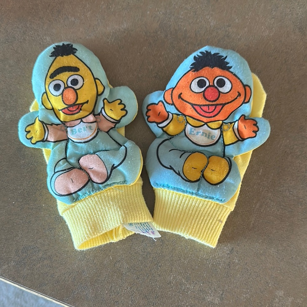 Vintage Playskool Sesame Street Yellow and Blue Mittens Cozy Knit Rattles